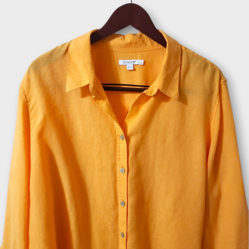 Chico's 100% Linen Button Down Shirt Orange Size 4 US 20 Long Sleeve Top - Picture 2 of 11